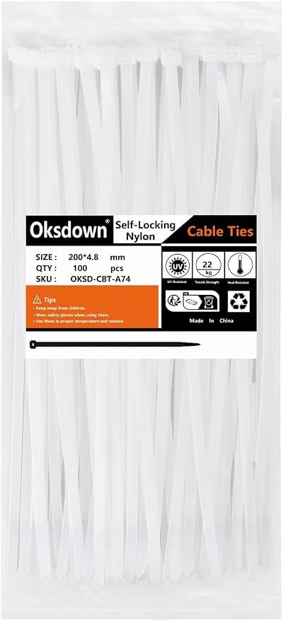 Oksdown 100 Pack White Cable Ties 200mm 4.8mm Nylon Self Locking