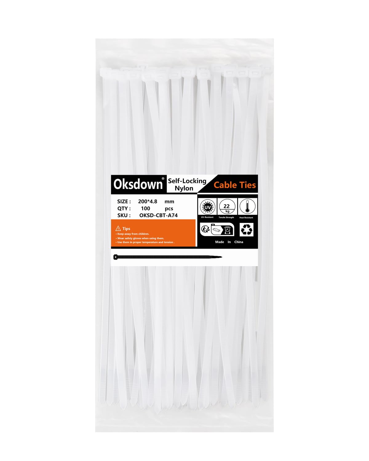 Oksdown 100 Pack White Thick Cable Ties Heavy Duty Large 200mm×4.8mm Strong Nylon Plastic Self Locking Clear 8 inch/20 cm Long Zip Tie Wraps — image 1