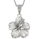Hawaiian Silver Jewelry 17mm Sterling Silver Hibiscus Pendant Necklace, Chain Necklace with Hibiscus Flower Pendant, 16+2" Extender, Made in Italy
