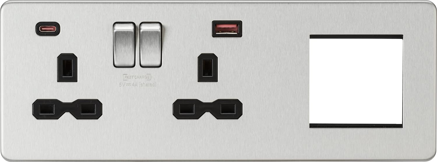 Screwless 13A 2G DP Socket with USB Fastcharge + 2G Modular Combination Plate - Brushed Chrome