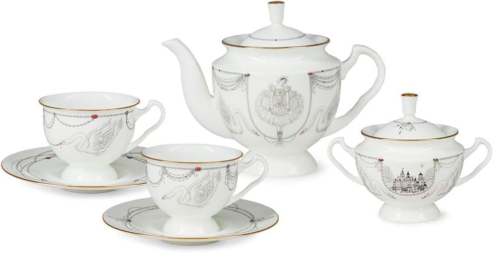 Imperial/Lomonosov 22k gold Magic Swan Lake Porcelain Tea Set Adult 14-piece Cups & Saucer Service for 6 with Teapot, Sugar bowl, Teacup, Saucer