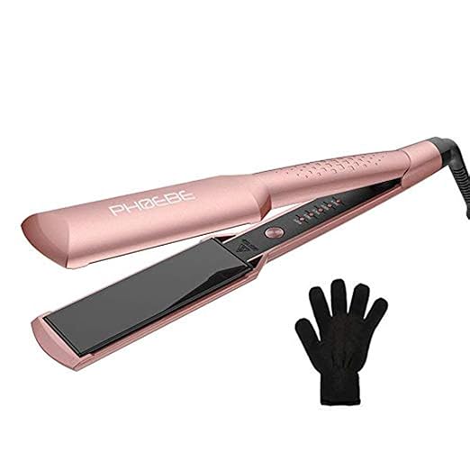 PHOEBE Ceramic Flat Iron 1.75 inch-Silky Straightener Adjustable Heat Ceramic Tourmaline Ionic Flat Iron Instant Heat Up Dual Voltage Straightens & Curls Incl Glove (Rose Gold) best flat iron