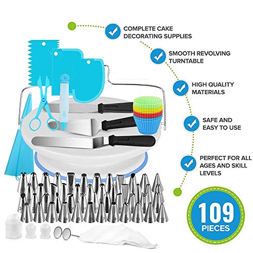 Homics 109 Pcs Cake Decorating Kit Baking Accessories Including Cake Turntable, Numbered Icing Tips, Disposable and Reusable Pastry Bags, Icing Spatula, Baking Cups and Other Cake Making Supplies - Thumbnail 2
