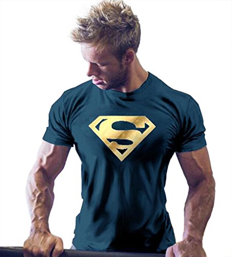 InleaderStyle Men's Gym Cotton Golden S Logo Bodybuilding Muscle NavyBlue T-shirt-Golden-XL