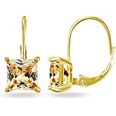 Hoops & Loops 925 Sterling Silver Colored CZ Cubic Zirconia Princess-cut 7x7mm Leverback Dangle Earrings for Women, Teen Girls