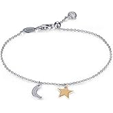 Lafonn Classic Sterling Silver Platinum Moon and Star Charm Bracelet 7.5 IN Adjustable (0.42 CTTW)
