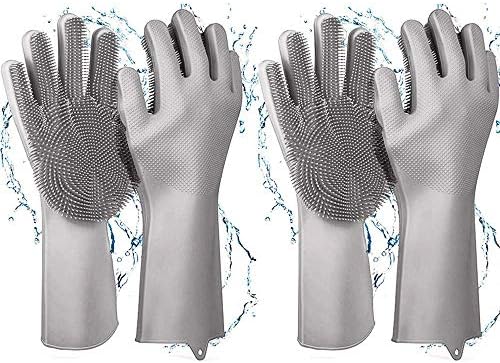 Magic Saksak Reusable Silicone Cleaning Gloves Dishwashing Scrubber, Dish Wash Scrubbing Sponge Gloves with Bristles, Great for Washing Dish, Kitchen, Car, Bathroom, Pet Hair Care/Grey/2 Pairs
