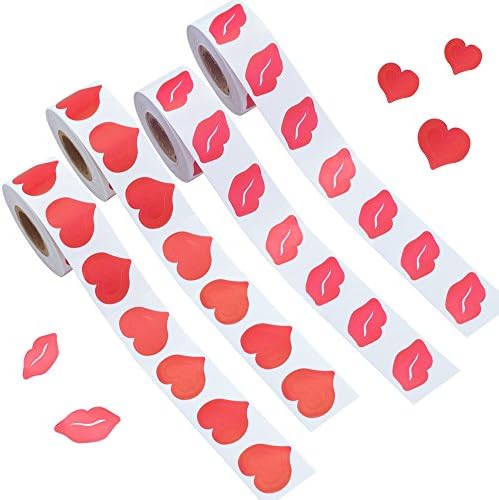 4 Rolls Lip Stickers and Red Heart Stickers, YSLF 1600 Stickers Kiss Stickers Perforated Stickers for DIY Decorating Crafting, Rosy Color and Red Color
