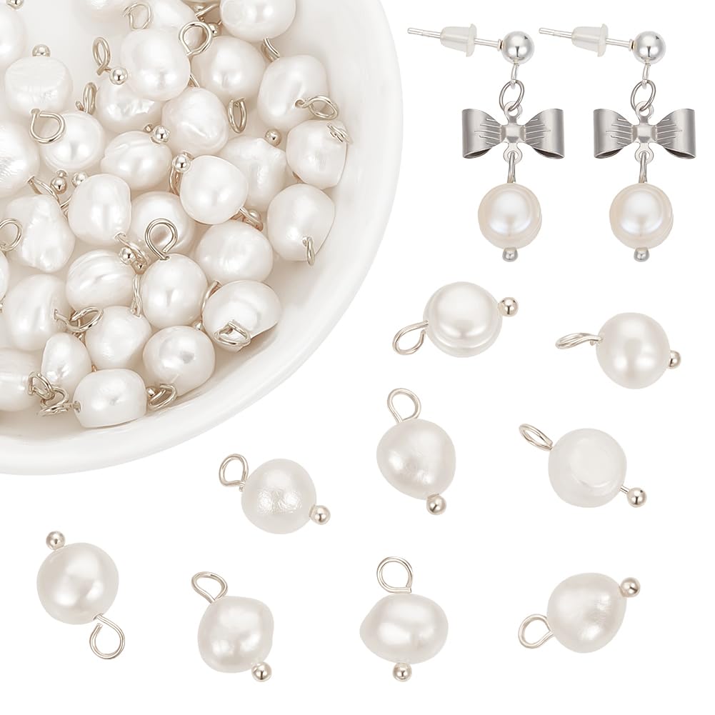 Beebeecraft 1 Box 40Pcs Pearl Oval Charms Freshwater Natural Cultured Pendants with Silver Brass Ball Head Pins for Summrt DIY Bracelet Necklace Jewellery Making (Hole: 2.3~2.6mm)