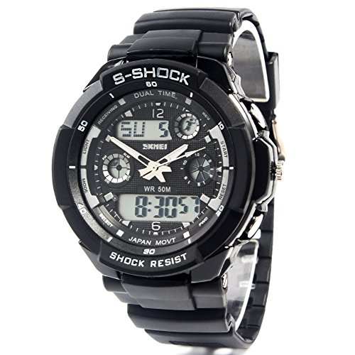 HACBIWA Mens 2 Timezone Digital Quartz Chronograph Military Sports Watch Grey