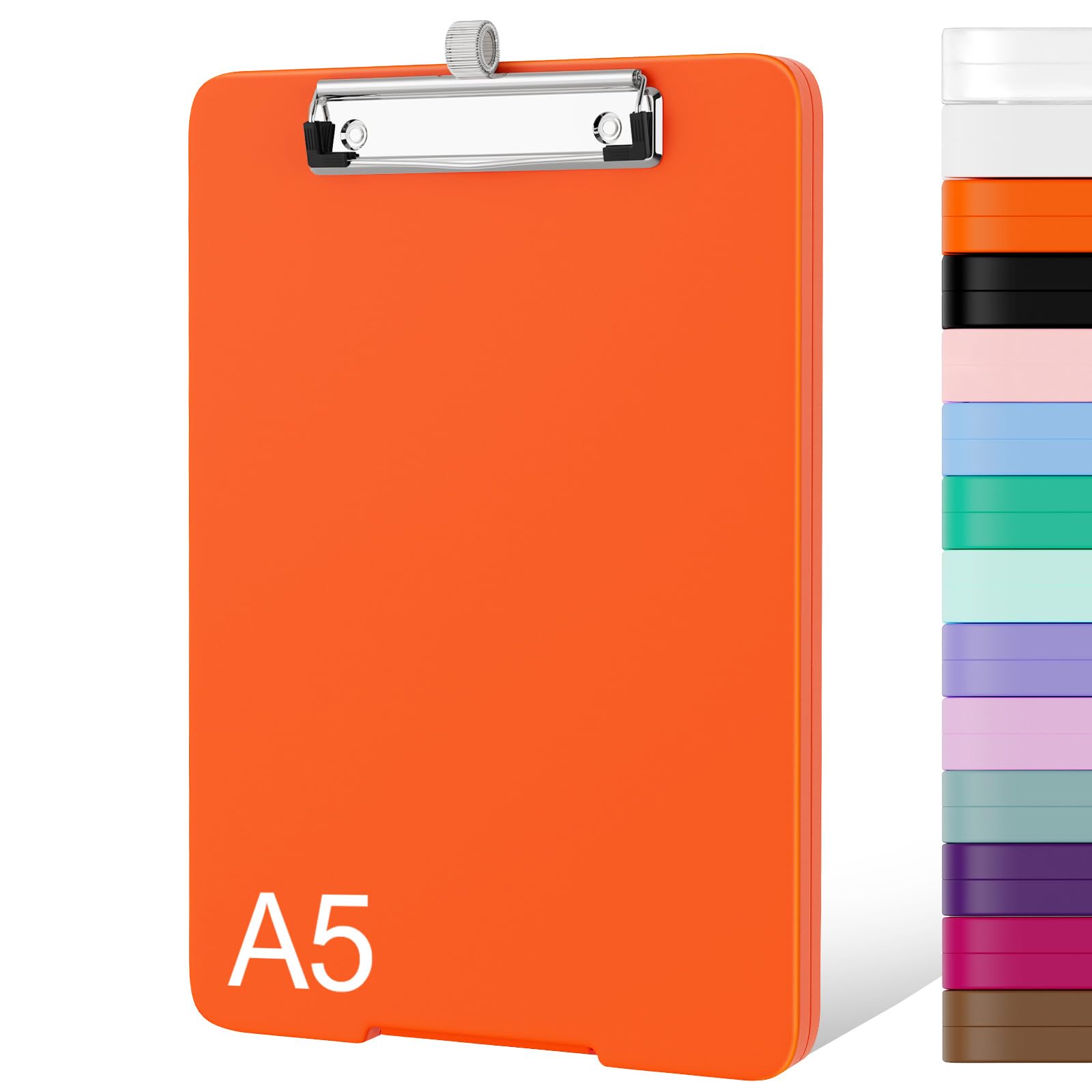 Piasoenc Small Clipboard with Storage, A5 Organization Box with Pen Holder, Plastic Clipboard with Low Profile Clip for Nurses, Teachers, Orange