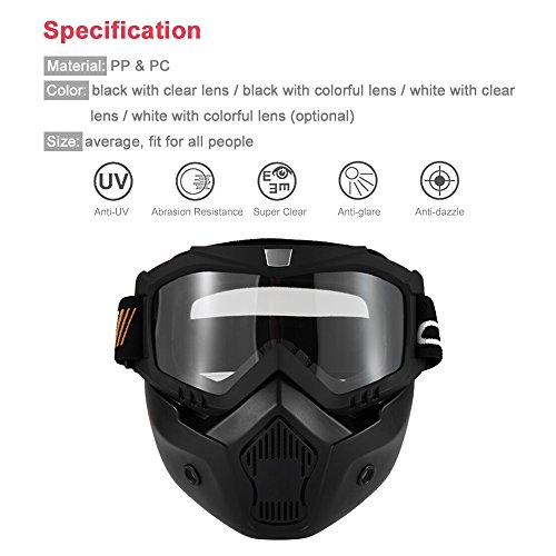 KKmoon Motormasker, afneembare bril en mond, filter voor open helmen, motorcross, skiën, snowboard, wit met getinte lens - Image 4