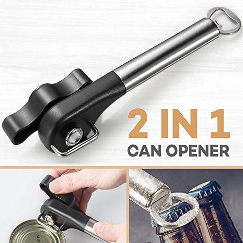 Can Opener Manual , HOMKIT Durable Stainless Steel Can Opener & Bottle Opener ,Make Smooth Edge with Stainless Steel Sharp Blade , Gear & Handle, + ( Bonus Double-Side Peeler) … (With Peeler)