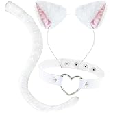 OLYPHAN Cat Ears and Tail Costume Accessories, Anime Faux Fur Cat Ear Headband & Long White Tail + Faux Leather Heart Choker Collar for Cosplay. Animal Ears Hair Band for Women, Halloween 3 PC