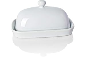 Sweejar Ceramic Butter Dish with Lid for Countertop,Porcelain Butter Keeper with Knob Handle,Butter Container for East/West Coast Butter, 7.1*3.7 inches (White)