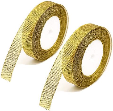 2 Rolls 5/8 Inches Gold Organza Bouquet Wrap, 15mm Decorative Ribbons for Mother's Day Gift Wrapping Party Decoration, DIY Accessories, 25 Yards Per Roll