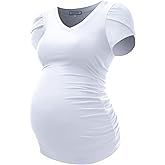 GINKANA Maternity Tops Short Petal Sleeve Tshirt V Neck Tee Ruched Sides Shirts Casual Basic Tunic Pregnancy Tshirt Blouse