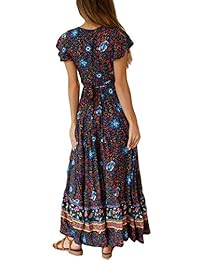 SEBOWEL Mujer Floral Bohemia Manga corta Abrigo Cuello en V Cinturón con cinturón Kimono Split Beach Party Vestidos largos