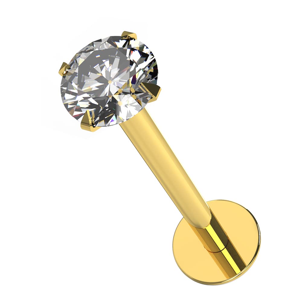 AZARIO LONDON 14K Solid Yellow Gold Claw Set 2MM Round CZ Stone Internal Threaded Top 16 Gauge Hollow Lip Labret Tragus Bar Piercing Jewellery