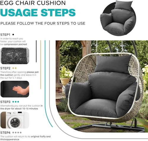 joomie Waterproof Egg Chair Cushion Replacement 119x79x13 cm Thicken Hanging Egg Swing Chair Cushion Indoor Outdoor Wicker Rattan Hammock Basket Cushion with Headrest Pillow, Grey 26