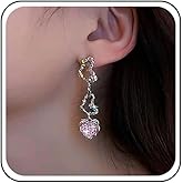 Erimberate Bohemian Crystal Heart Dangle Earrings Pink Rhinestone Heart Drop Earrings Silver Hollow Heart Earrings Small Cz Heart Earrings Jewelry for Women