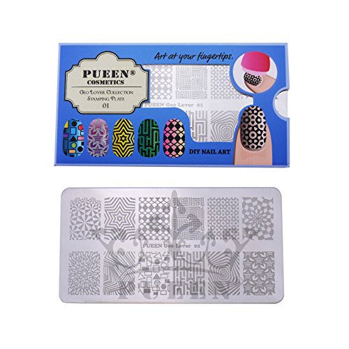 PUEEN Nail Art Stamping Plate - Geo Lover 01 - 125x65mm Unique Nailart Polish Stamping Manicure Image Plates Accessories Kit-BH000556