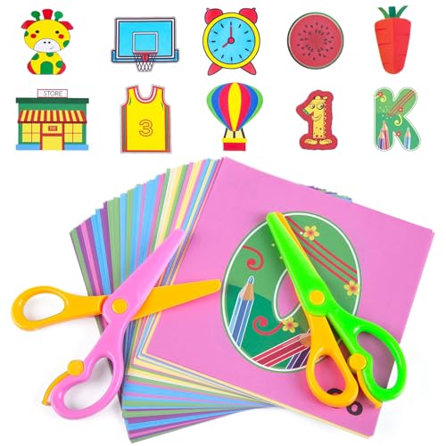 Koogel Toddler Scissors Practice Kit for Ages 3-5, 2 Training Blunt Tip Safety Scissors & 120 Sheets Paper Cutting for Early Preschool Development Tools, Hand-Eye Coordination, Learn to Cut Line Skill