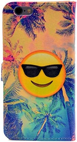 iphone 6S Case Smiley Emoji With Sunglasses and Coconut Tree Pattern Leather Wallet Case Stand Cover with Cash Card Slots for Apple iphone 6 6S New Arrival - Cool as Great Gift