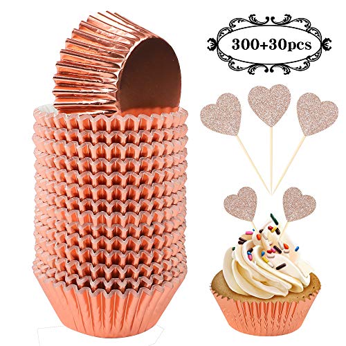 BAKHUK 330pcs Standard Rose Gold Cupcake Liners and Heart Cupcake Toppers, Foil Cupcake Wrappers for Baby Shower Wedding Party Decoration