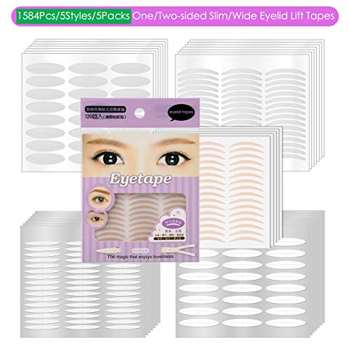 Invisible Eye Lids Lift Strips for Heavy Sagging Droopy Hooded Uneven Eyelids, Charming Rounder Eyes, 1584Pcs/5Styles/5Packs Double Eyelid Tapes, 3D Imported Medical Fiber, Instant lift Eye Lids