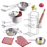 ToyerBee Pretend Play Toys, 17PCS Kitchen Play Accessories Set -Play Food & Stainless Steel Toys with Pots, Pans, Wooden Spoons, Pot Holders & Storage- Pretend Toys for Kids, Toddlers, Girls & Boys