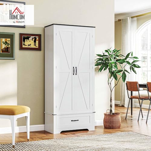 HOMCOM 72" Farmhouse Pantry Cabinet with Barn Doors, Tall Buffet Storage Cabinet with Adjustable Shelves, Freestanding Kitchen Pantry with Drawer, White Wood Grain