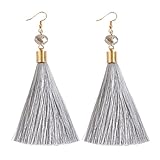 NLCAC Women Thread Tassel Dangle Earrings Silk Fringe Thread Drop Earrings for Parties (Grey)