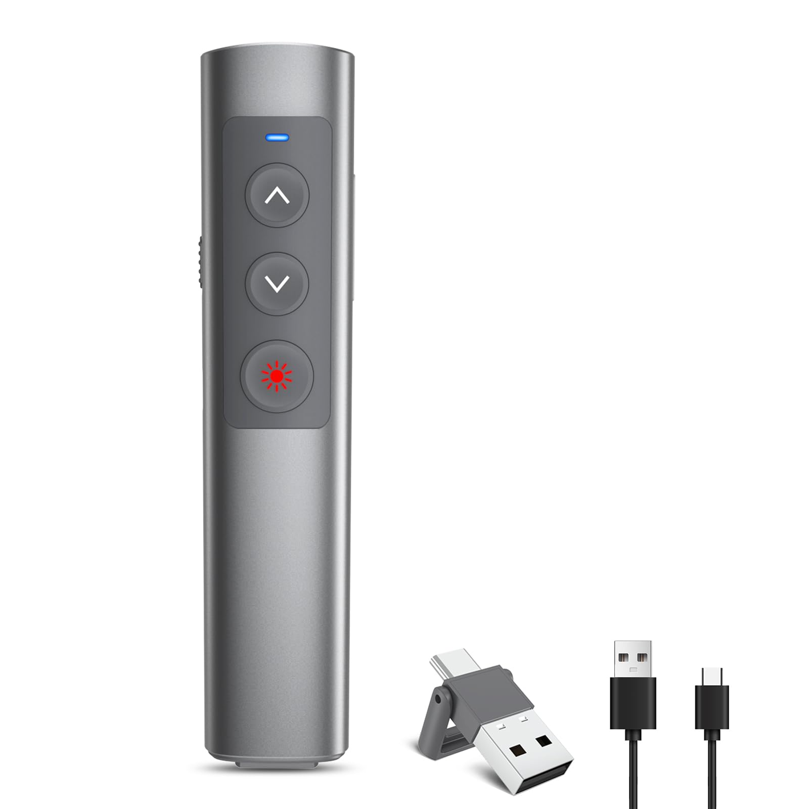 Rechargeable Presentation Clicker with RED Pointer, 2 in 1 USB-A/C Metal Wireless Remote Powerpoint Slide Clicker with Volume Control for PPT/Mac/Laptop/Computer, Google Slide Advancer