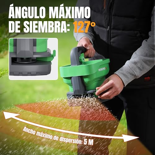 WORKPRO X 7.2 V Universal Rechargeable Battery Seeder, 8 Flow Levels, 6 Speeds and Adjustable Projection Width, Spreader for Lawn Seed, Fertilizer and Anti-Ice Salt