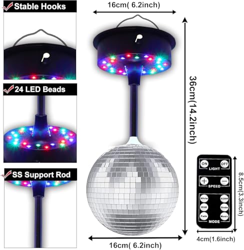 Silver Mirror Disco Ball Light, 6-Inch Mirror Ball with 23 RGBW LEDs, 360° Rotating Motor (5–10 RPM), Remote & Voice Control, Hanging Hook Included, Party Decor for Wedding, Birthday, Stage, Club