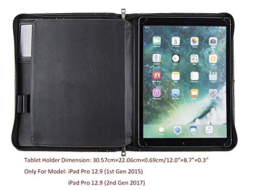 Hifriend Genuine Leather Portfolio for iPad Pro 12.9, Professional Business Organizer Padfolio Case, Letter Size Notepad, with Retractable Handle, Gift for Women & Men (Black, Pro 12.9)