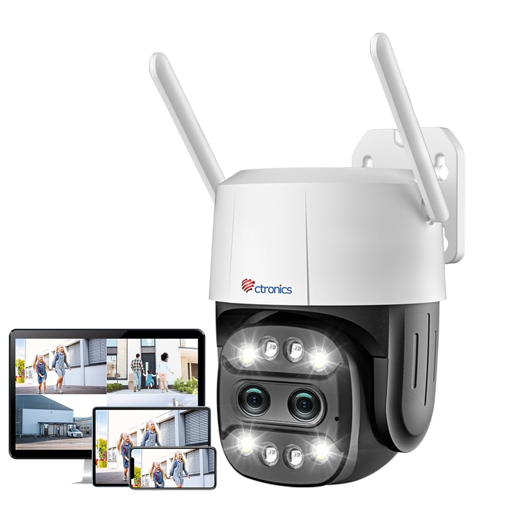 Ctronics Dual Lens Security Camera Outdoor with 6X Hybrid Zoom, 360° CCTV Camera, 1080P PTZ IP Home Security WiFi Camera, Human Detection, Auto Tracking, Color Night Vision, Siren, 2-Way Audio, IP66