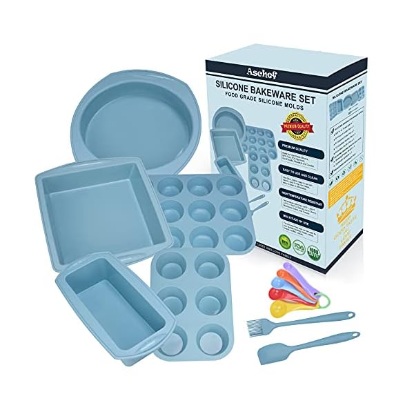 Aschef-5-Pieces-Silicone-Nonstick-Baking-Pan-Bakeware-Mold-Tray-Tools-Set-BPA-Free-Food-Grade-for-Muffin-Bread-Loaf-Cake-Pan-Sheet-Set-Blue Economical 7in1 Nonstick Silicone Baking Cake Pan Tin Tray Sheet Mould Set for Oven, BPA Free Heat Resistant Bakeware…
