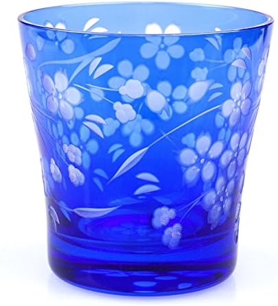Sakura Cherry Blossoms Design Rock Glass 11.5oz Edo Kiriko Cut Glass - Blue [Japanese Crafts Sakura]