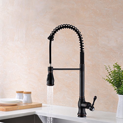GICASA Solid Brass High Arch Oil Rubbed Bronze Single Handle Pull Out Sprayer Kitchen Sink Faucet, Commercial Style Bronze Pull Down Spring Kitchen Faucets