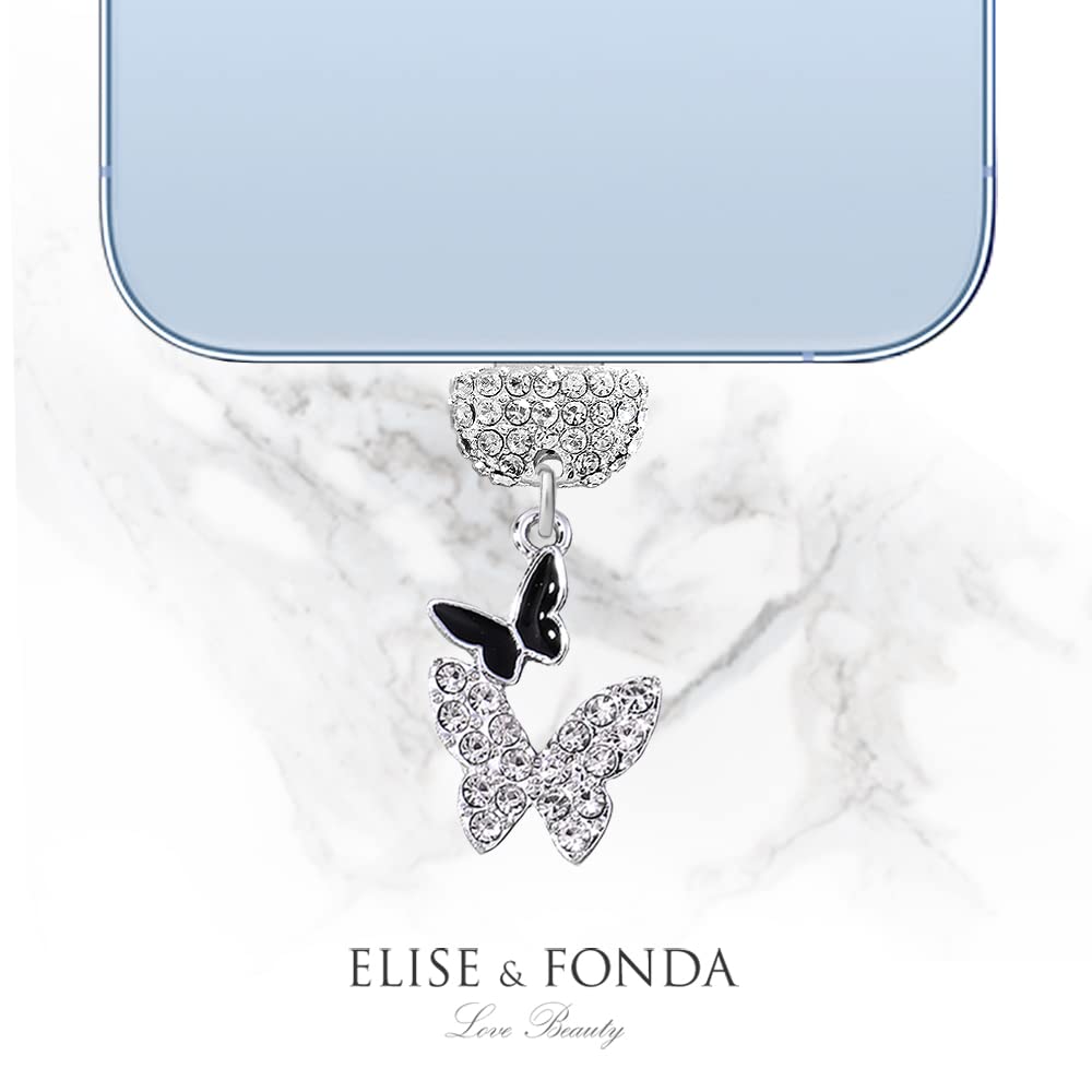 CP553 USB Charging Port Crystal Anti Dust Plug Little Butterfly Phone Charm for iPhone 13/12/11/ XS MAX/XR/X/8 Plus/7/6S/8/SE iPad iPod (Black & White)