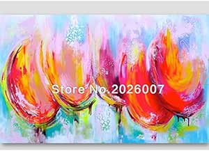 Pintado a mano paisaje moderno tulipanes rosa y naranja y verde azulado