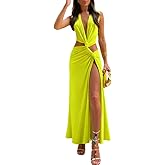 PWMENLK Women's Dress Elegant Sexy Long Dress Sleeveless Deep-V Neck Cut-Out High-Split Maxi Dress for Party
