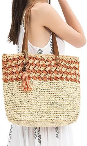 Mila Straw Crochet Tote Bag With Wooden Tassel (White/Orange)