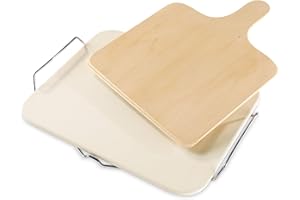 Leifheit Large Square Ceramic Pizza Stone with Carrying Tray and Wooden Spatula, Gray