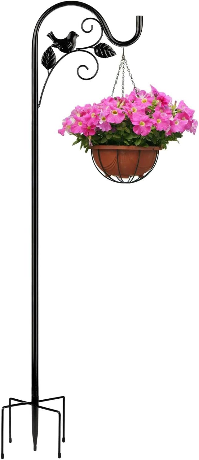 Outdoor Shepherd's Hooks - FAVE PLUS Hummingbird Feeder Metal Bird Ornament Shepherd Hook 66 Inch with 5 Prong Base Adjustable Height Heavy Decoration Hanging Holder LED Light for Garden