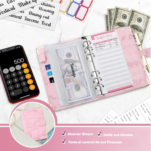 Organizador de Dinero, Carpeta de Cuaderno A6 de Presupuesto, Agenda de Ahorro, Hoja de Presupuesto de Gastos en Efectivo con Sobre de Efectivo, Papelería de Utiles Oficina para Adultos y Niños(Rosa)