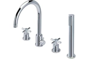 Bathtub Faucet, Roman Tub Faucets with Hand Shower, 2 Cross Handles 4-Hole Deck Mount Bathroom Faucet Brass