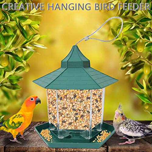 Hanging Bird Feeder – Twinkle Hexagon Shaped Feeding Dish Feeder with Twist Lock Cover Roof for Parrot Macaw African Greys Budgies Parakeet Conure Finch Small Animal (Green)